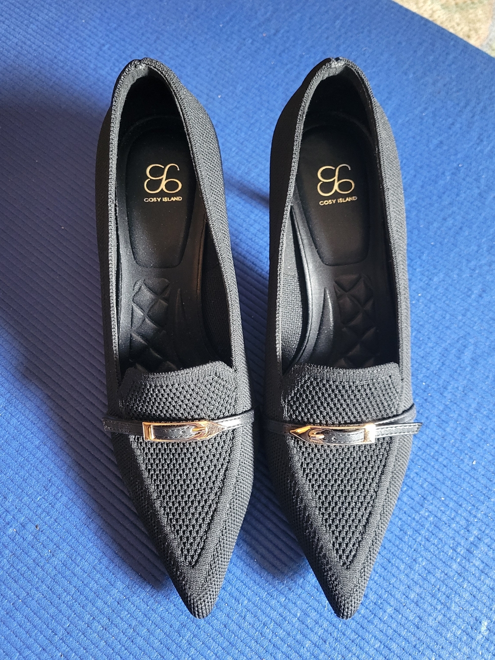 Cosy Island Black Pointed Knit Loafers with Gold Trim